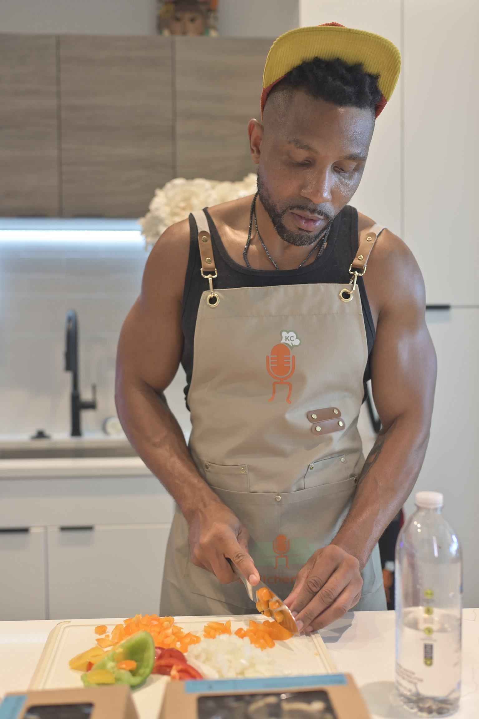 Host preparing food in the kitchen
