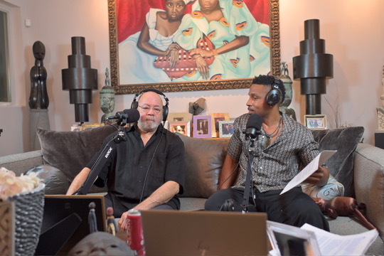 Podcast recording on the couch with a guest
